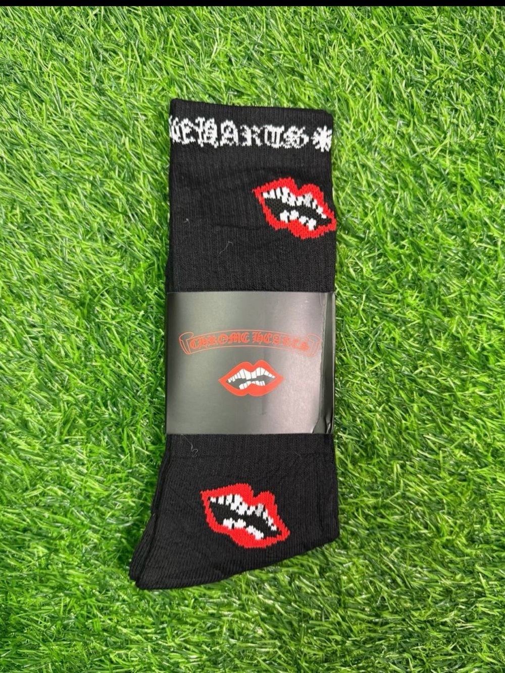 Black Men's Crew Socks with Red Lip Graphic